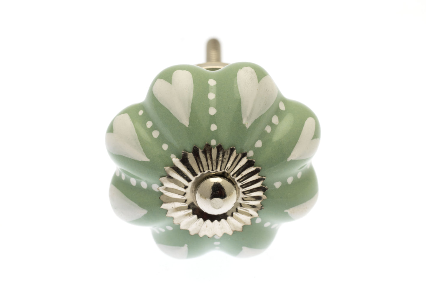 Ceramic Cupboard Knob White Hearts and Dots on Eau de Nil