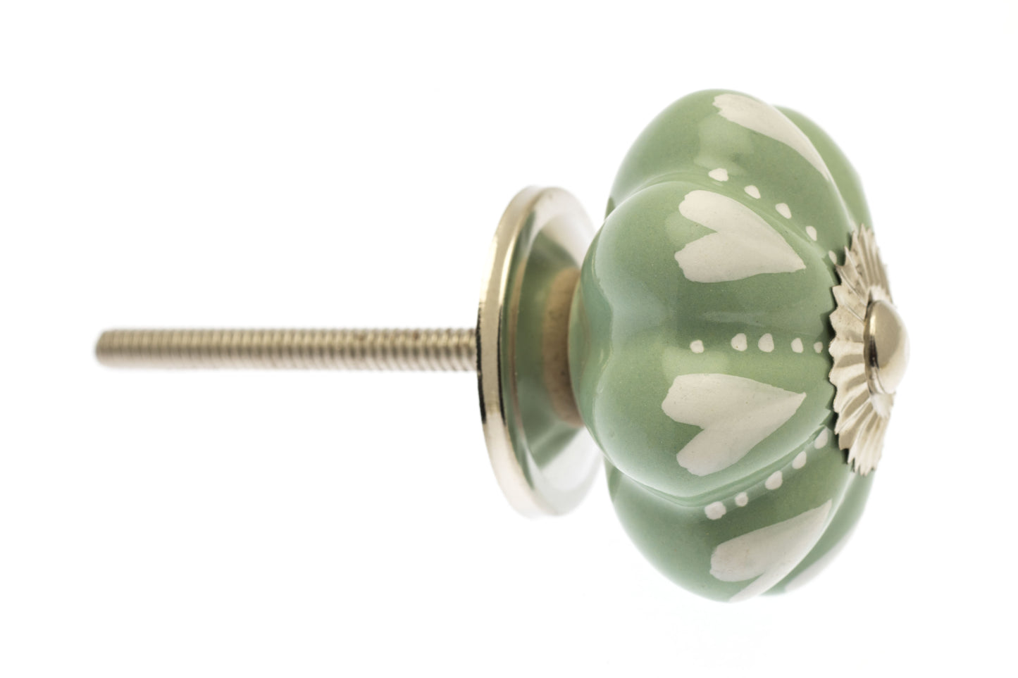 Ceramic Cupboard Knob White Hearts and Dots on Eau de Nil