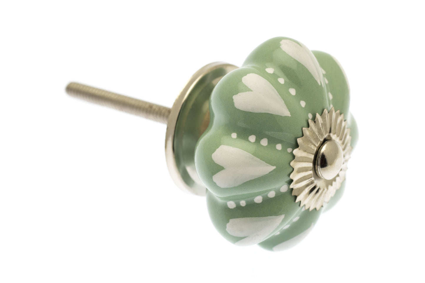 Ceramic Cupboard Knob White Hearts and Dots on Eau de Nil