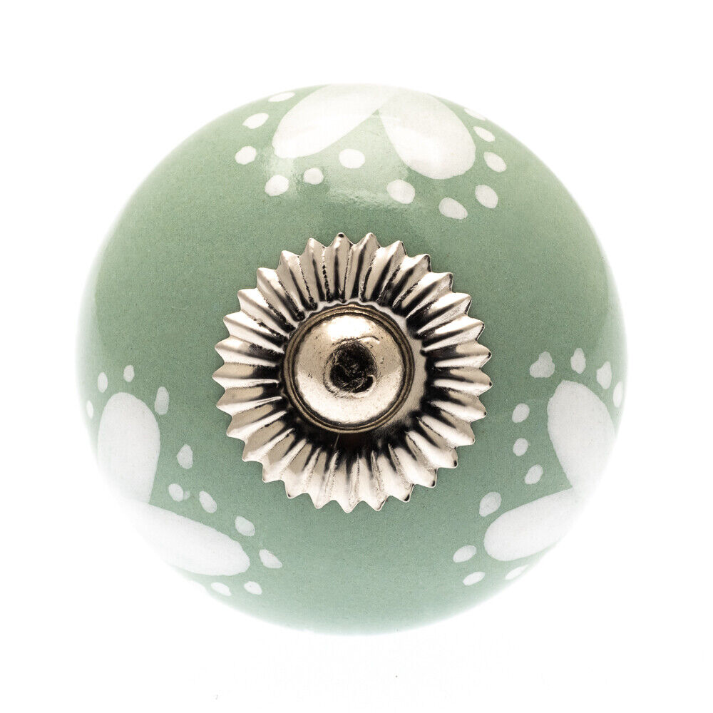 Bouton de Placard en Céramique Coeurs Blancs sur Eau de Nil