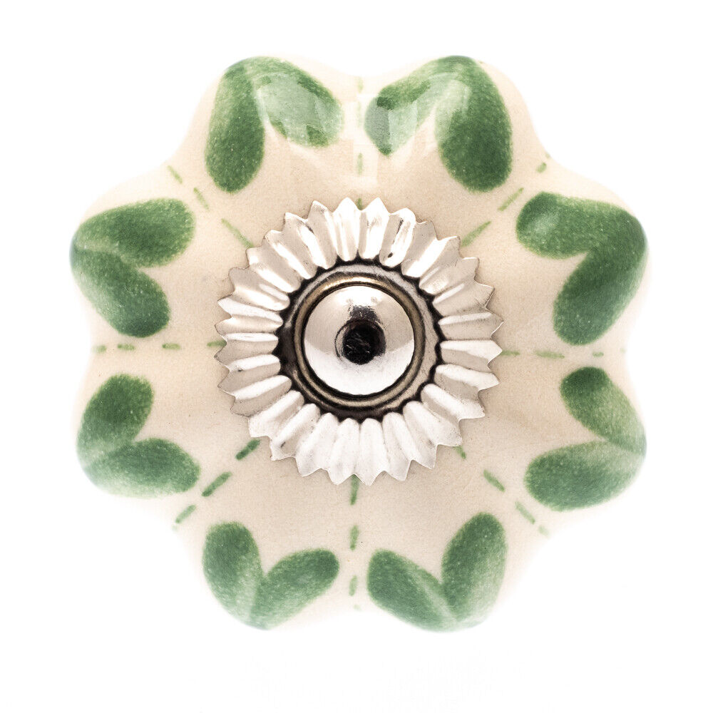 Ceramic Cupboard Knob Green Hearts and Dots on Ivory