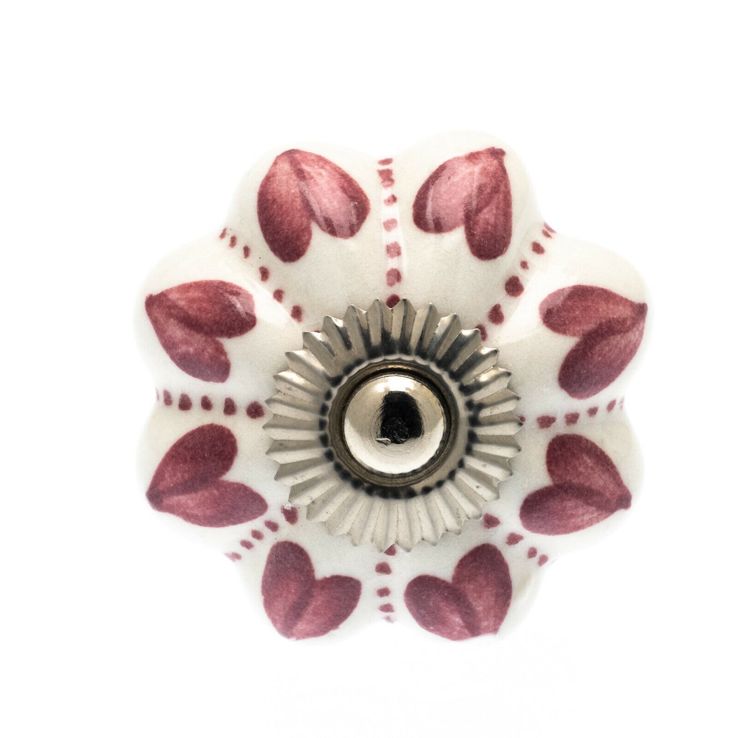Ceramic Cupboard Knob Pink Hearts and Dots on White