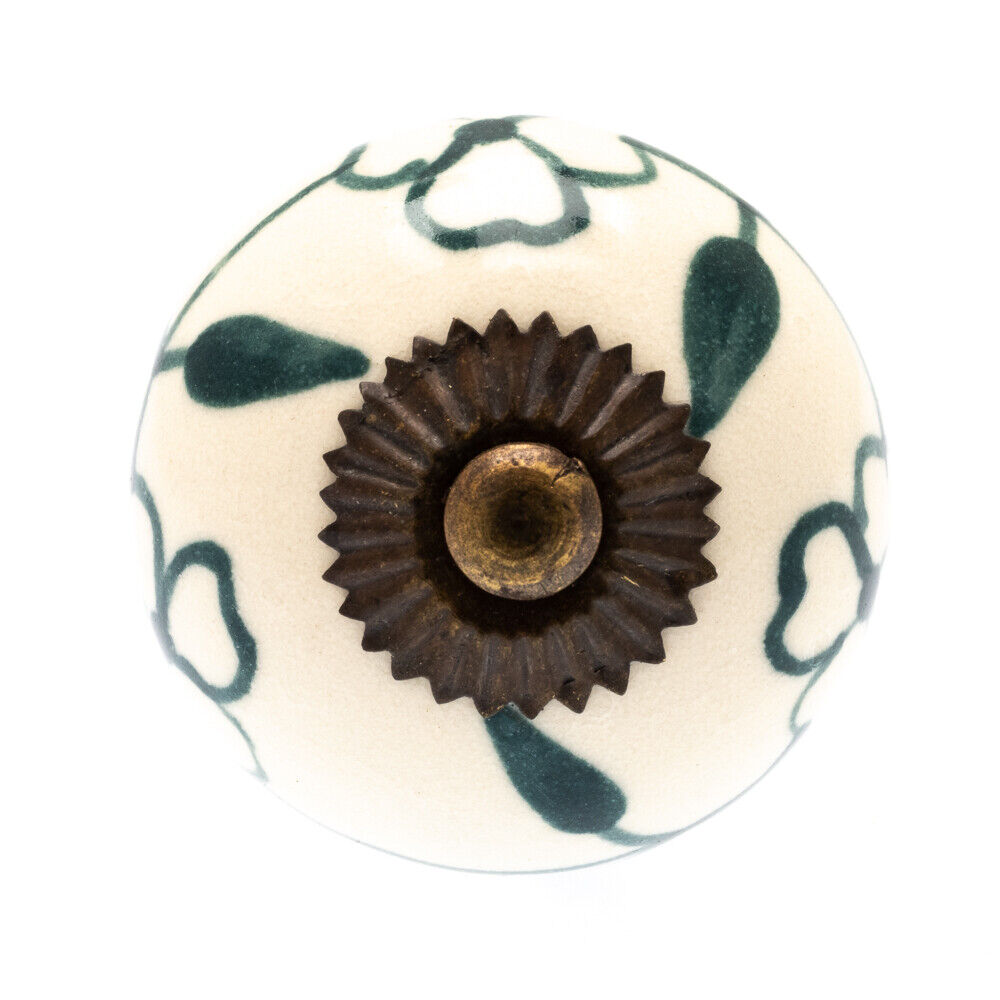 Ceramic Cupboard Knob Dark Green Floral Garland on Ivory