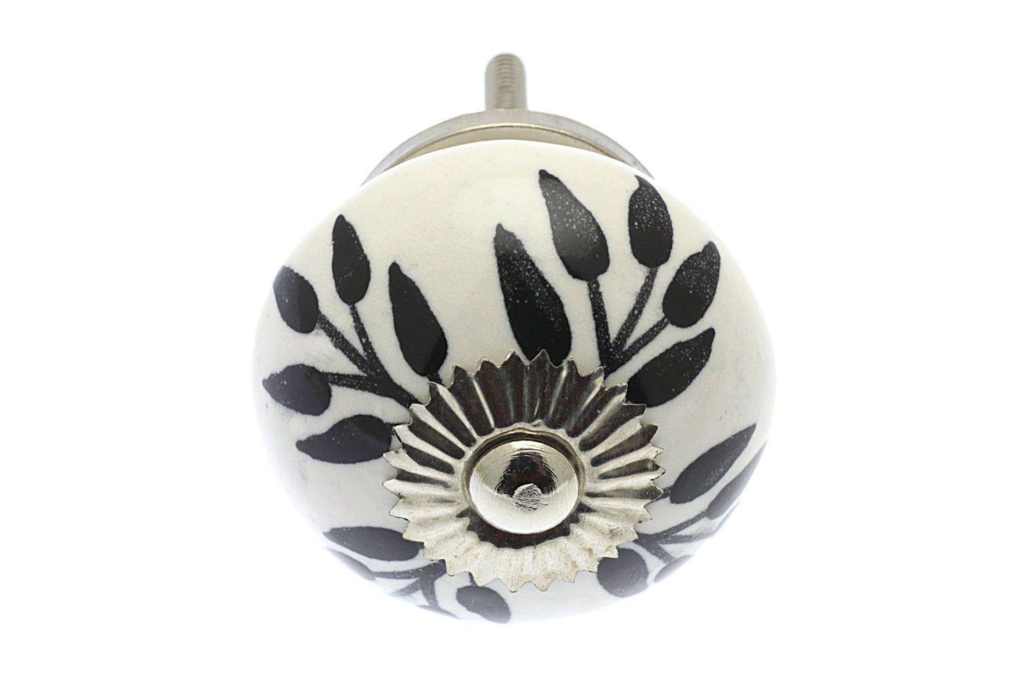 Ceramic Cupboard Knob Black Trailing Vine Leaves on White