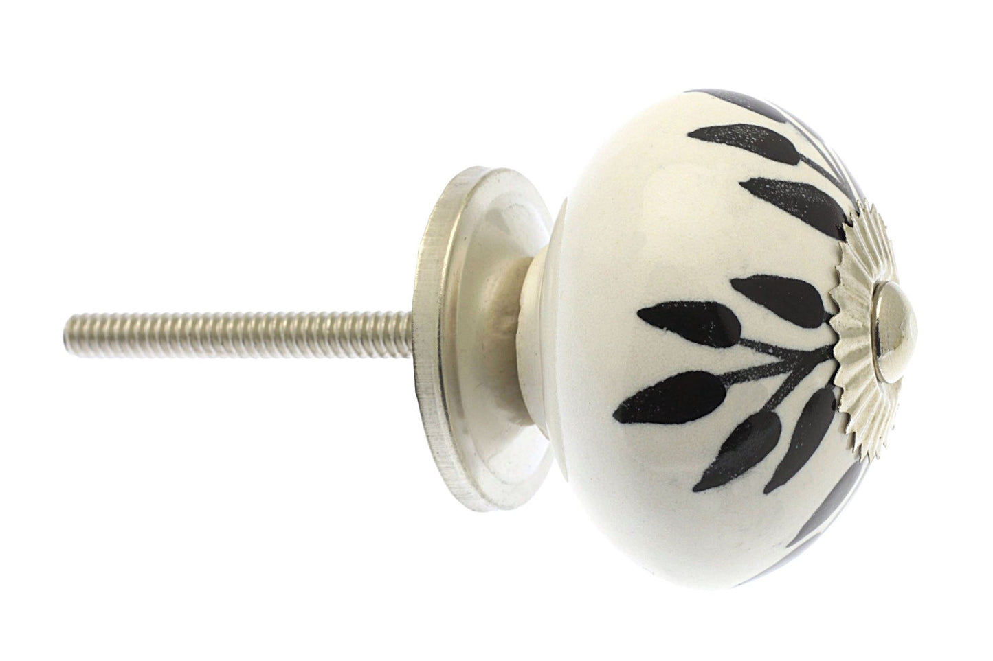 Ceramic Cupboard Knob Black Trailing Vine Leaves on White