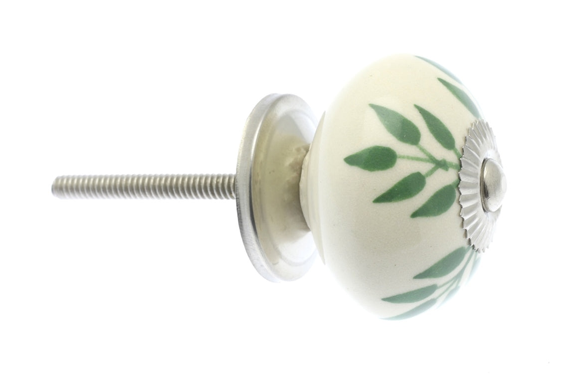 Ceramic Cupboard Knob Green Trailing Vine Leaves on Ivory