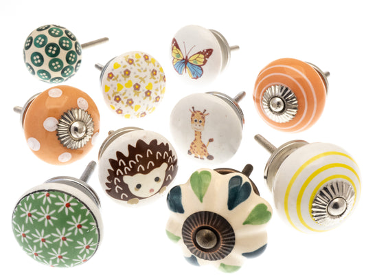 Colourful Green, Orange and Yellow Ceramic Cupboard Door Knobs in Mixed Variety - Set of 10