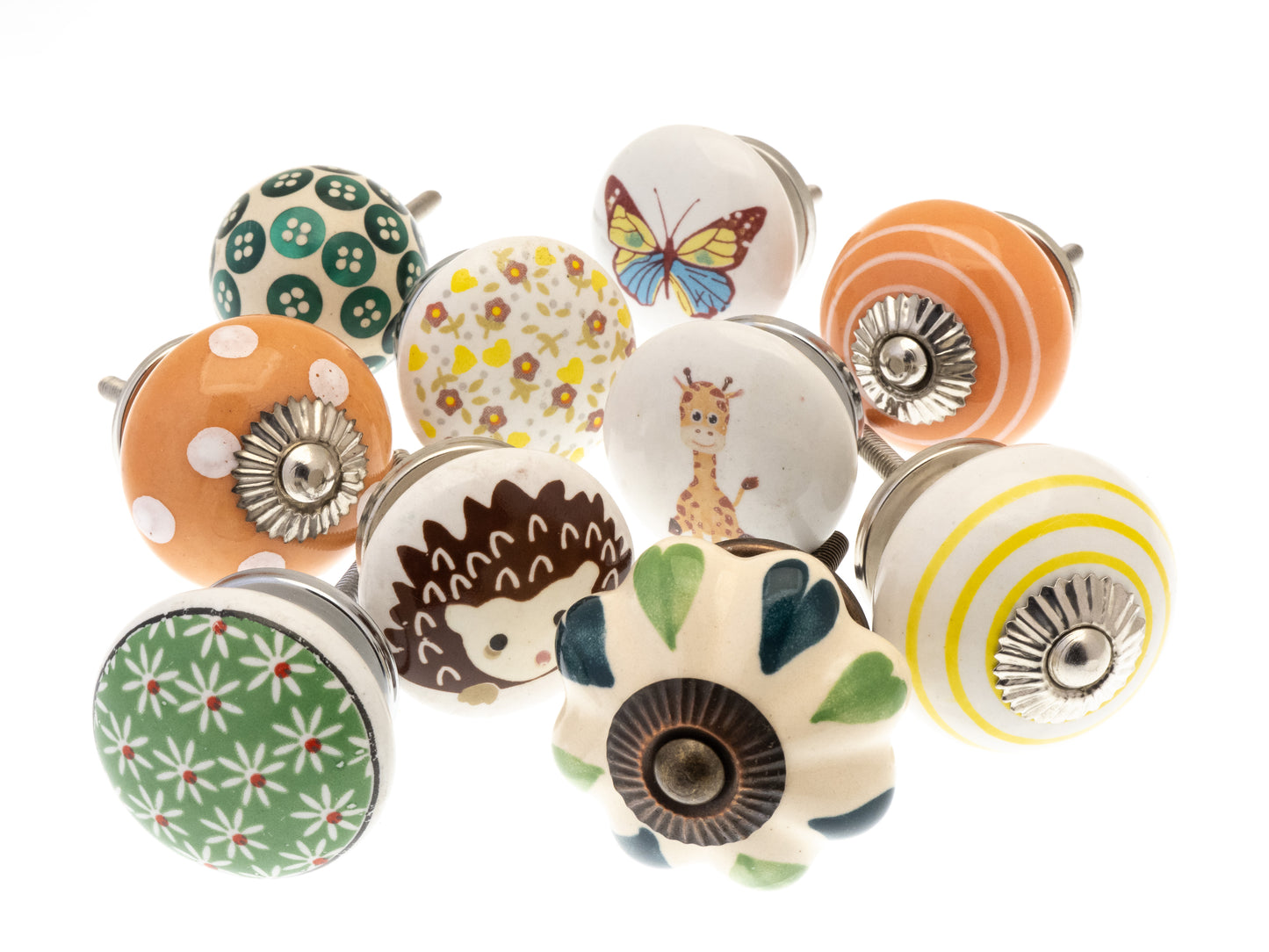 Colourful Green, Orange and Yellow Ceramic Cupboard Door Knobs in Mixed Variety - Set of 10