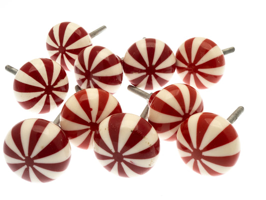 10 x Red and White 'Humbug' Acrylic Cupboard Door Knobs with red bases