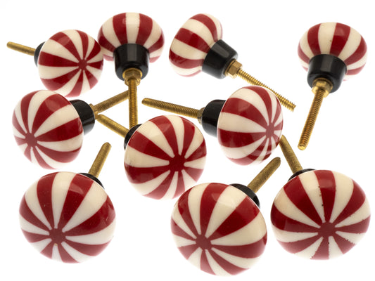 10 x Red and White 'Humbug' Acrylic Cupboard Door Knobs with black bases