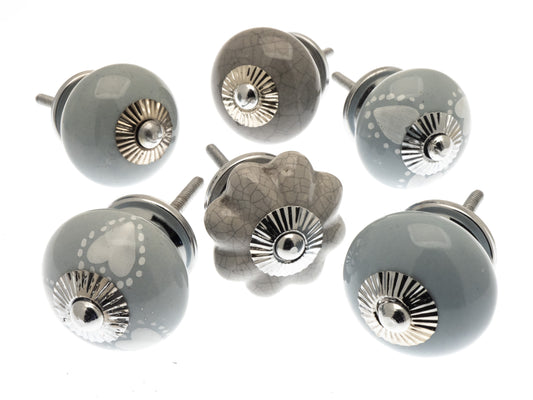 Ceramic Cupboard Door Knobs Whisper Grey in hearts, crackle and plain grey - Set of 6