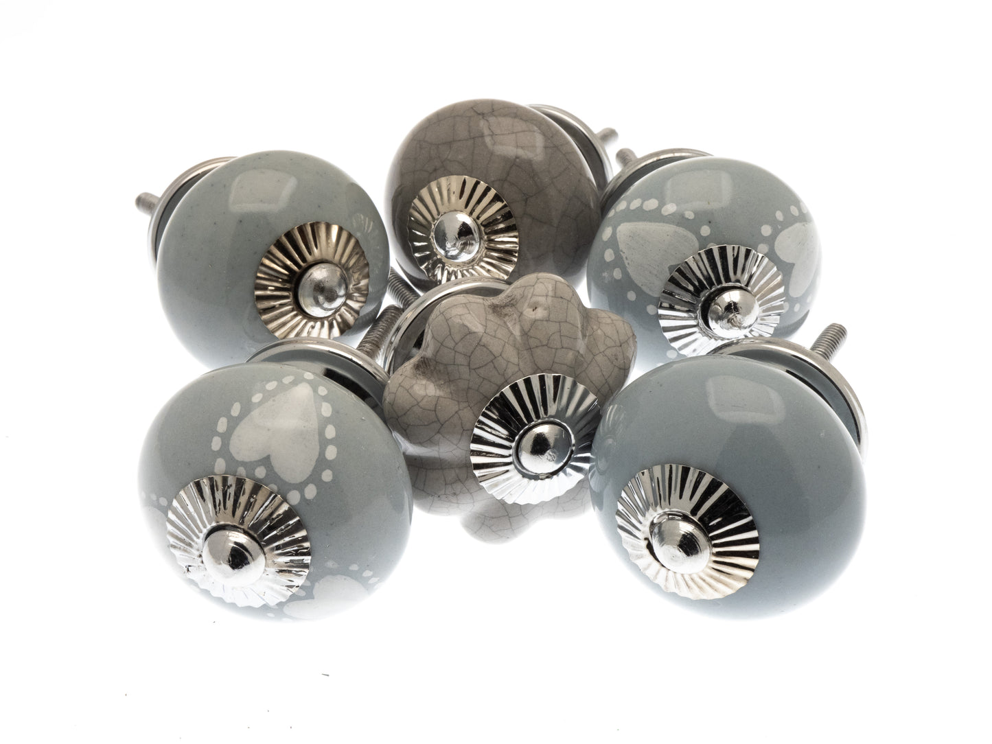 Boutons de porte de placard en céramique Whisper Grey en cœurs, craquelé et gris uni - Lot de 6