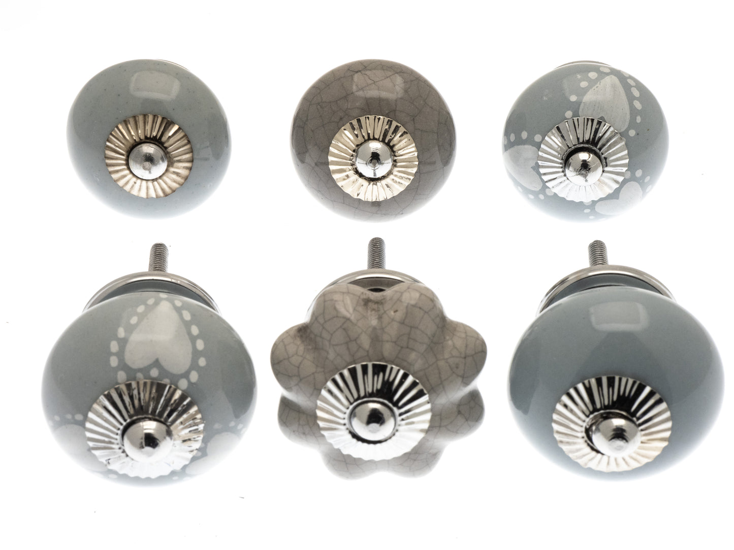 Boutons de porte de placard en céramique Whisper Grey en cœurs, craquelé et gris uni - Lot de 6