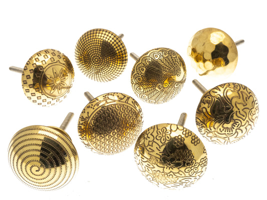 Moroccan themed brass plated cupboard knobs in a variety of embossed patterns - Set of 8