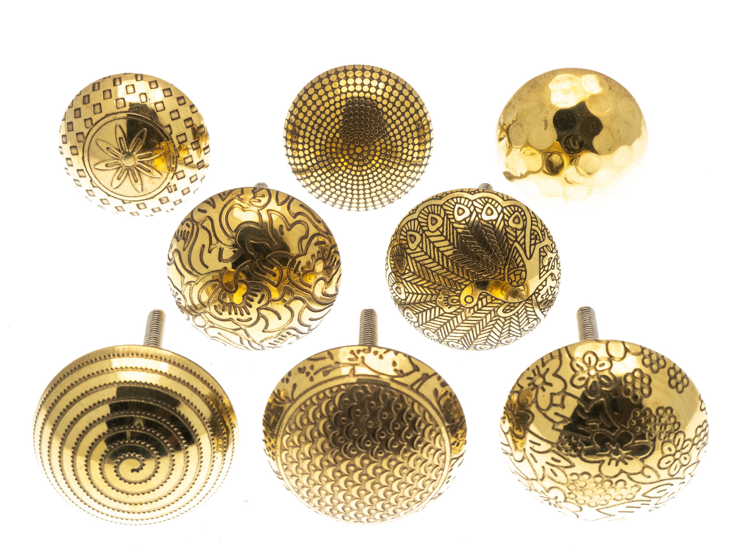 Moroccan themed brass plated cupboard knobs in a variety of embossed patterns - Set of 8