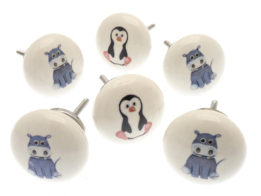 Ceramic Cupboard Door Knobs 'Animal Nursery' Penguin and Hippo Characters (Set of 6)