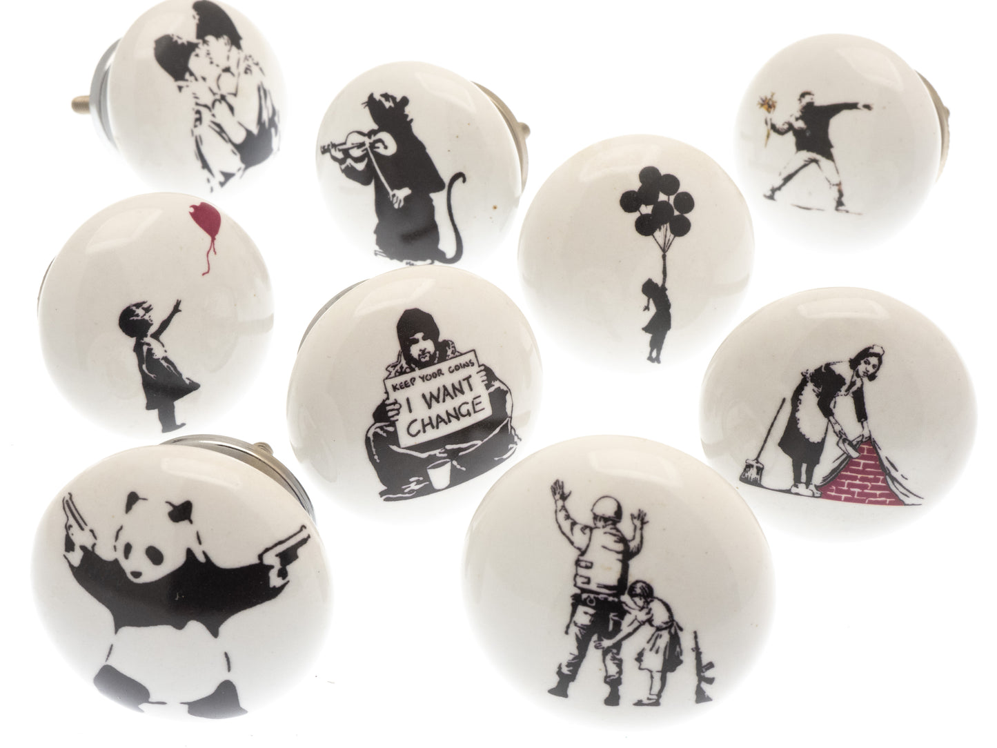 Boutons de porte de placard en céramique « Banksy » Œuvre d'art « Banksy » Divers personnages (lot de 9)