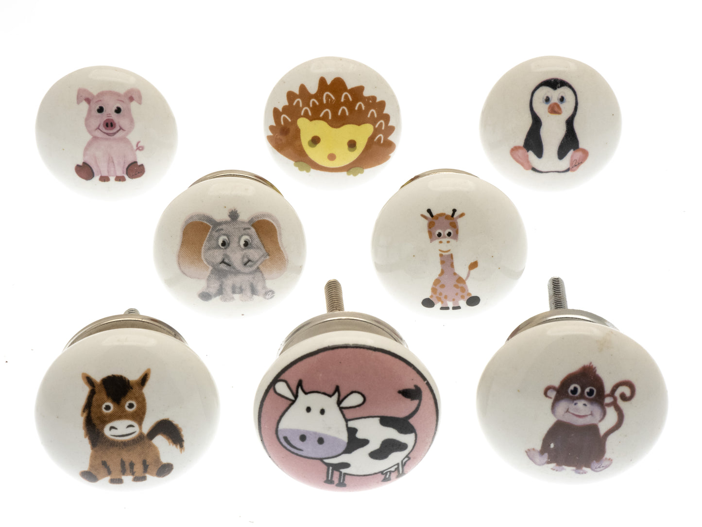 Boutons de porte de placard en céramique « Animal Nursery » Divers personnages (lot de 8)