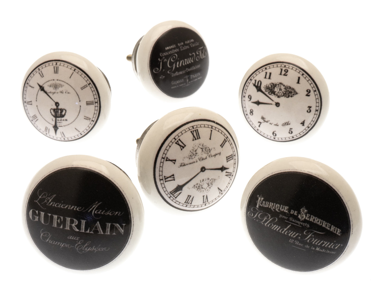 Boutons de porte de placard en céramique « Horloges vintage » Noir et blanc (lot de 6) EOL-01