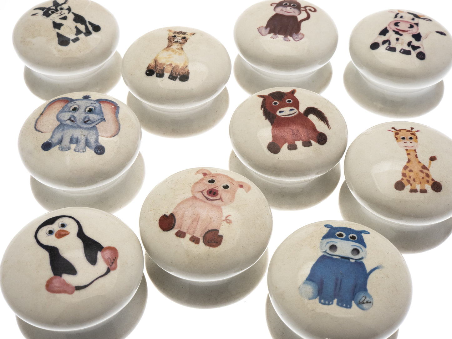 Ceramic Cupboard Door Knobs 40mm 'Animal Nursery' (Set of 10) EOL-03