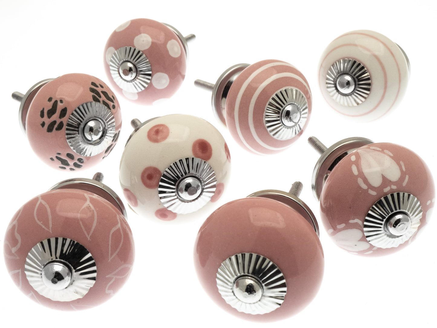 Boutons de placard en céramique aux motifs roses et blancs avec raccords argentés