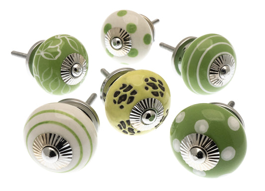 Ceramic Door Knobs in Apple Green and White (Set of 6)