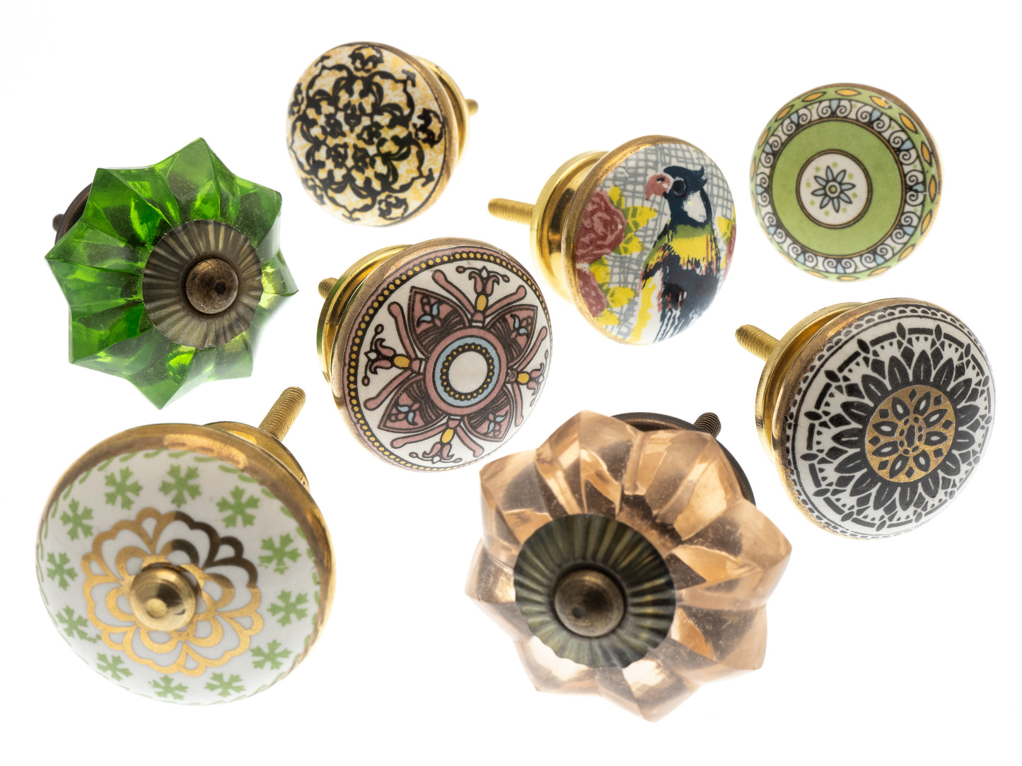 Boutons de porte en céramique vintage vert et or avec verre x ensemble de 8 (MG-212)