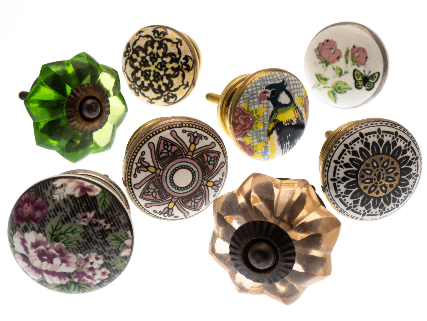 Ceramic Door Knobs Vintage Green and Gold with Glass x Set of 8 (MG-212)