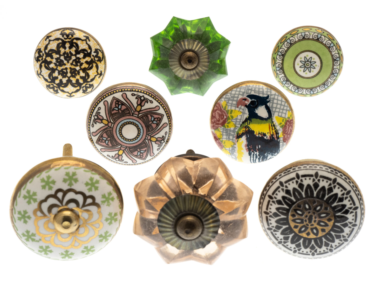 Boutons de porte en céramique vintage vert et or avec verre x ensemble de 8 (MG-212)