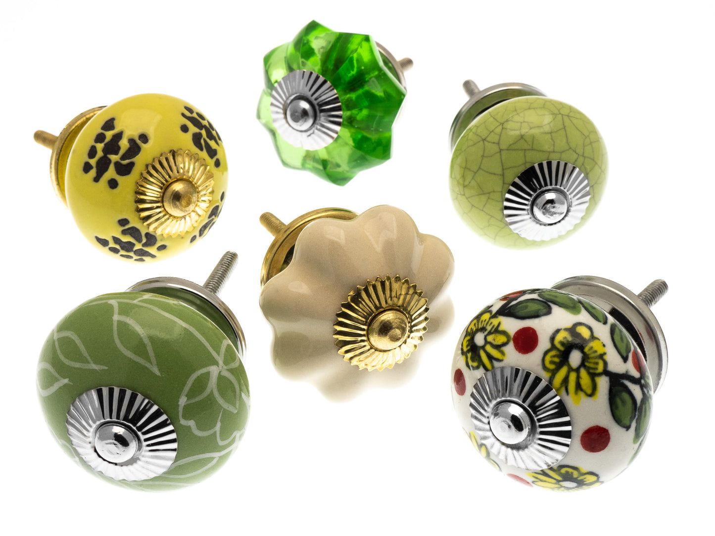Ceramic Door Knobs Pretty Country Greens and Cream Set of 6