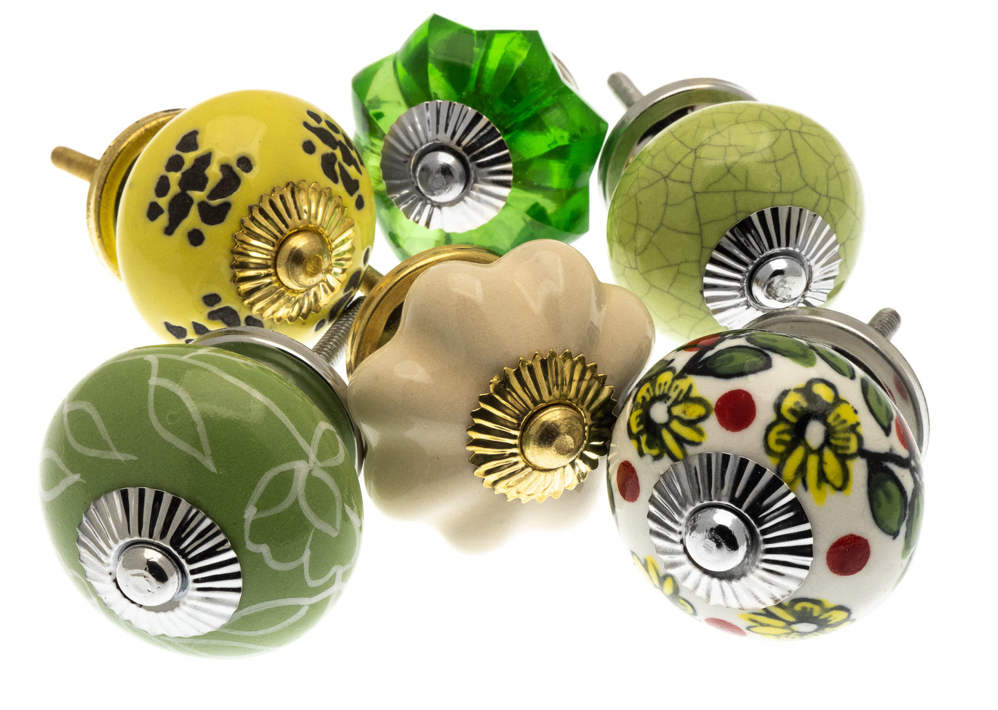 Ceramic Door Knobs Pretty Country Greens and Cream Set of 6