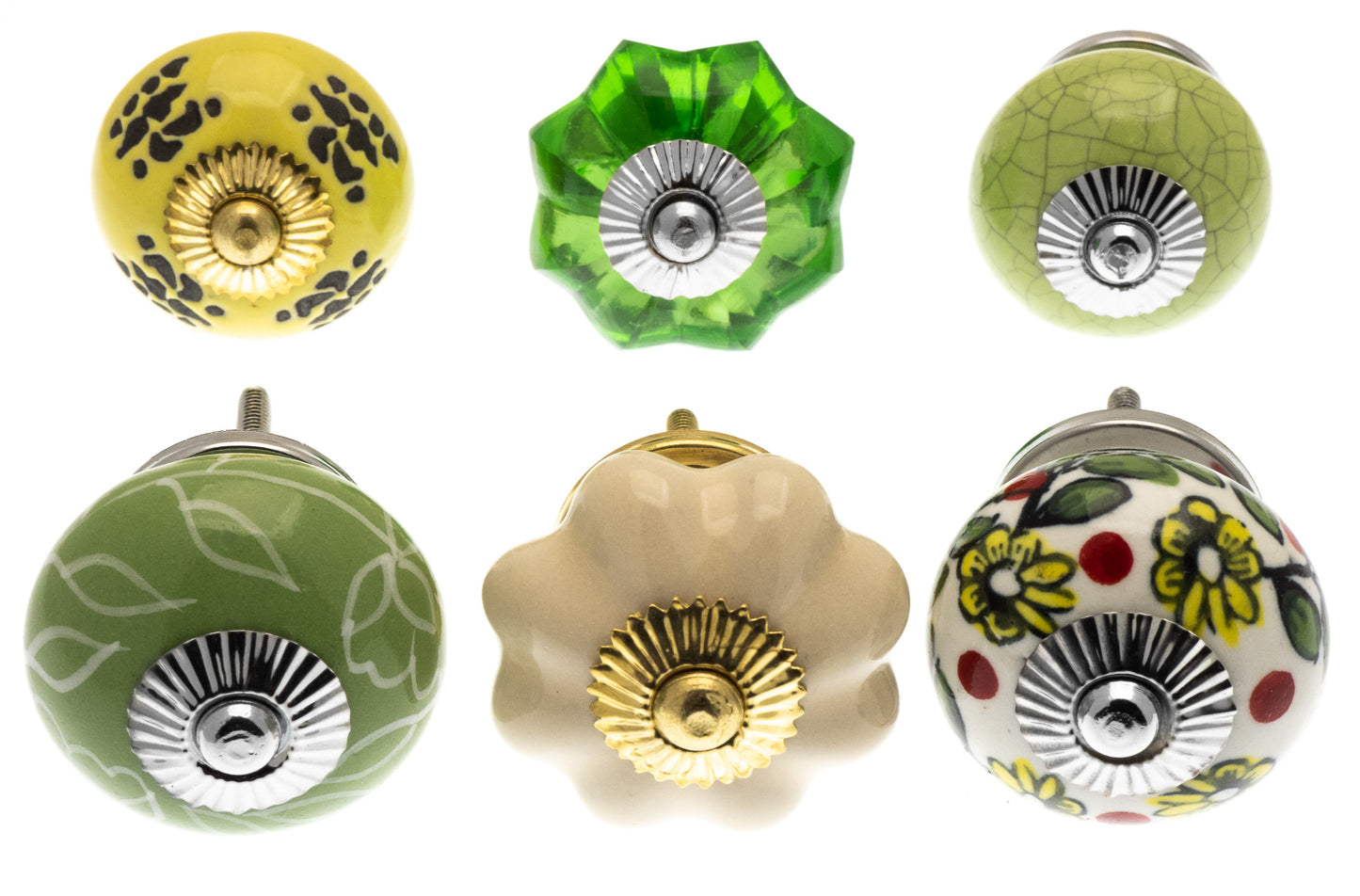 Ceramic Door Knobs Pretty Country Greens and Cream Set of 6