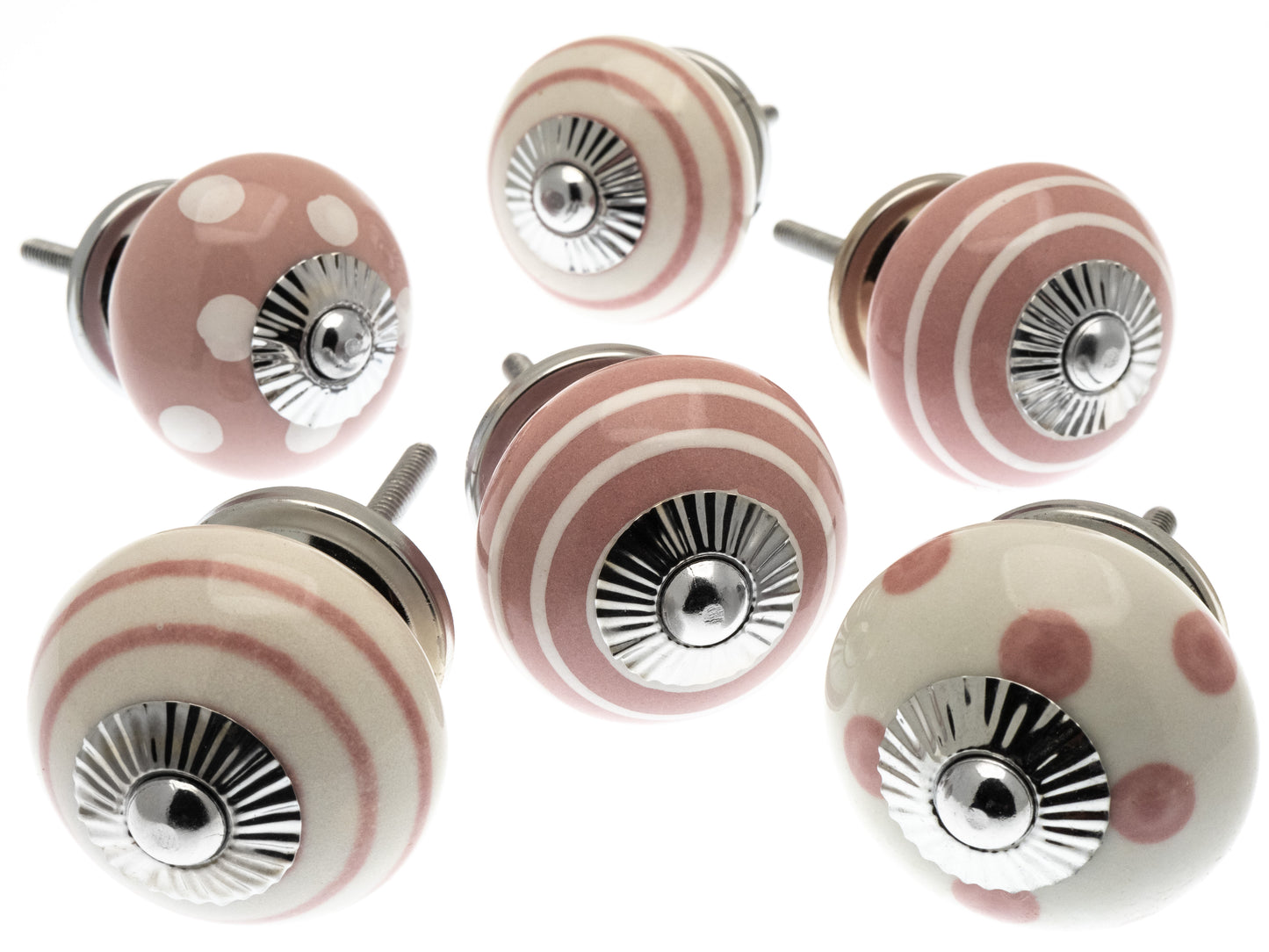 Boutons de porte en céramique Dusty Pink & White Dots & Stripes Ensemble de 6