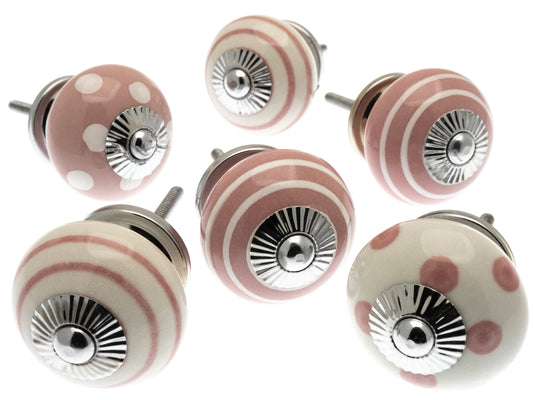 Ceramic Door Knobs Dusty Pink & White Dots & Stripes Set of 6