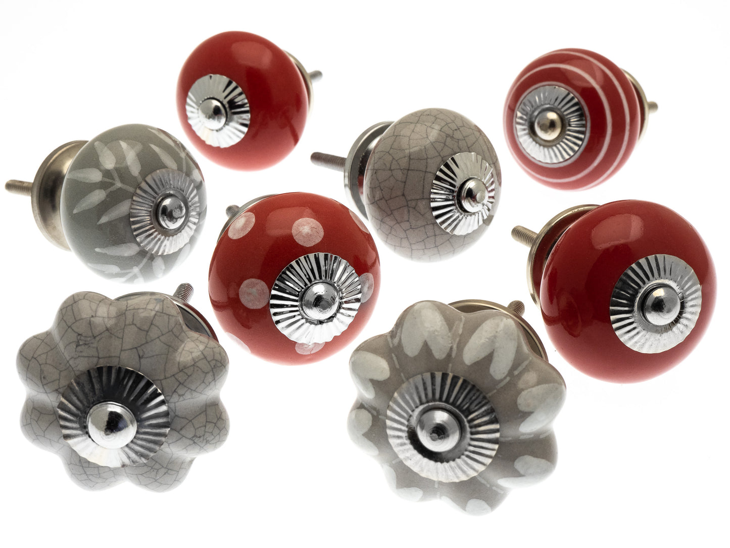 Boutons de porte en céramique - Gris et rouges chauds (Ensemble de 8)