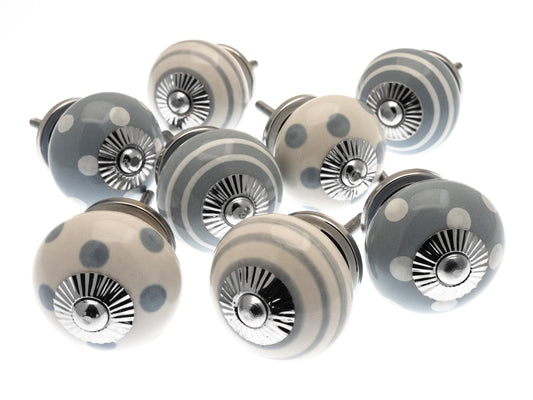 Ceramic Door Knobs in Whisper Greys Hand Painted Spots and Stripes  - Set of 8