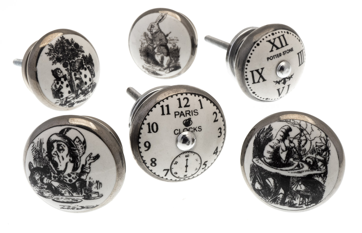 Ceramic Door Knobs Alice in Wonderland Antqe Silver Set of 6
