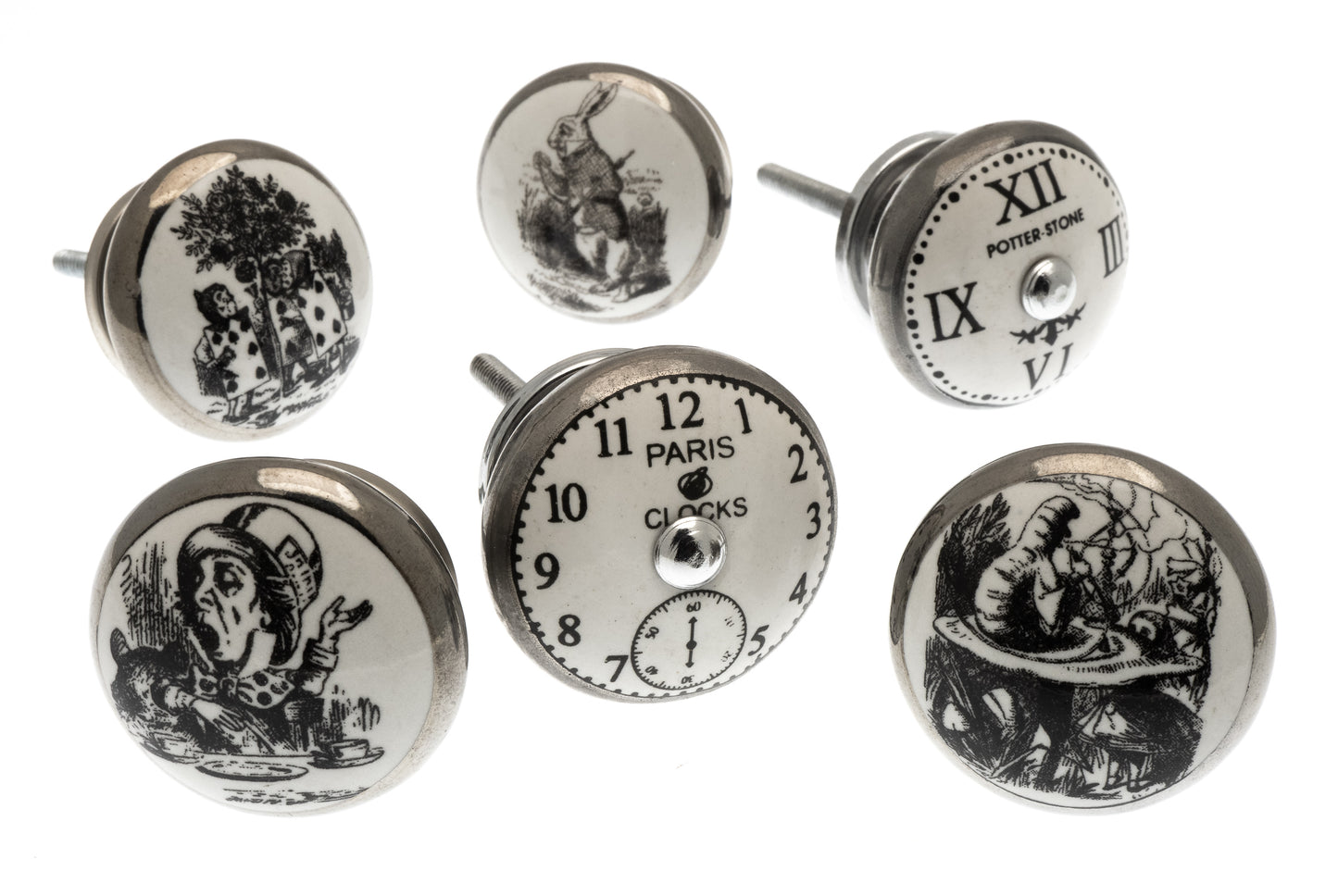 Ceramic Door Knobs Alice in Wonderland Antqe Silver Set of 6