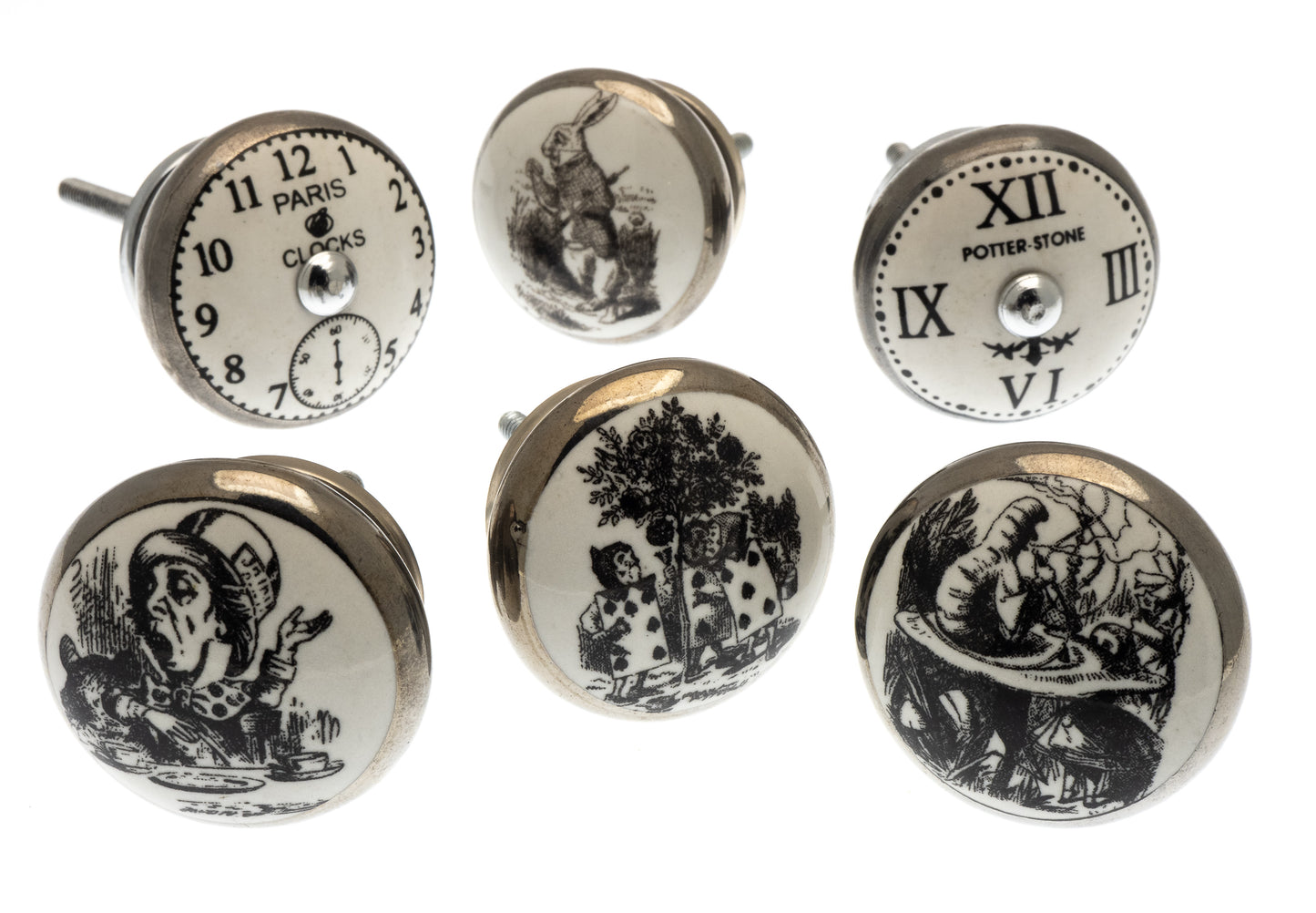 Ceramic Door Knobs Alice in Wonderland Antqe Silver Set of 6
