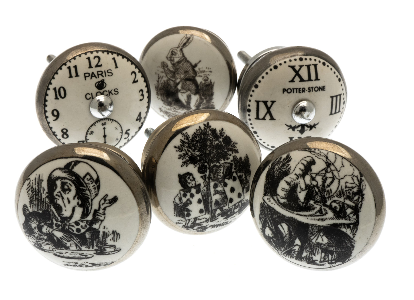 Ceramic Door Knobs Alice in Wonderland Antqe Silver Set of 6