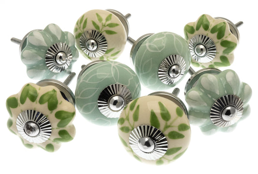 Ceramic Cupboard Knobs in Mint, White and Cream Set of 8