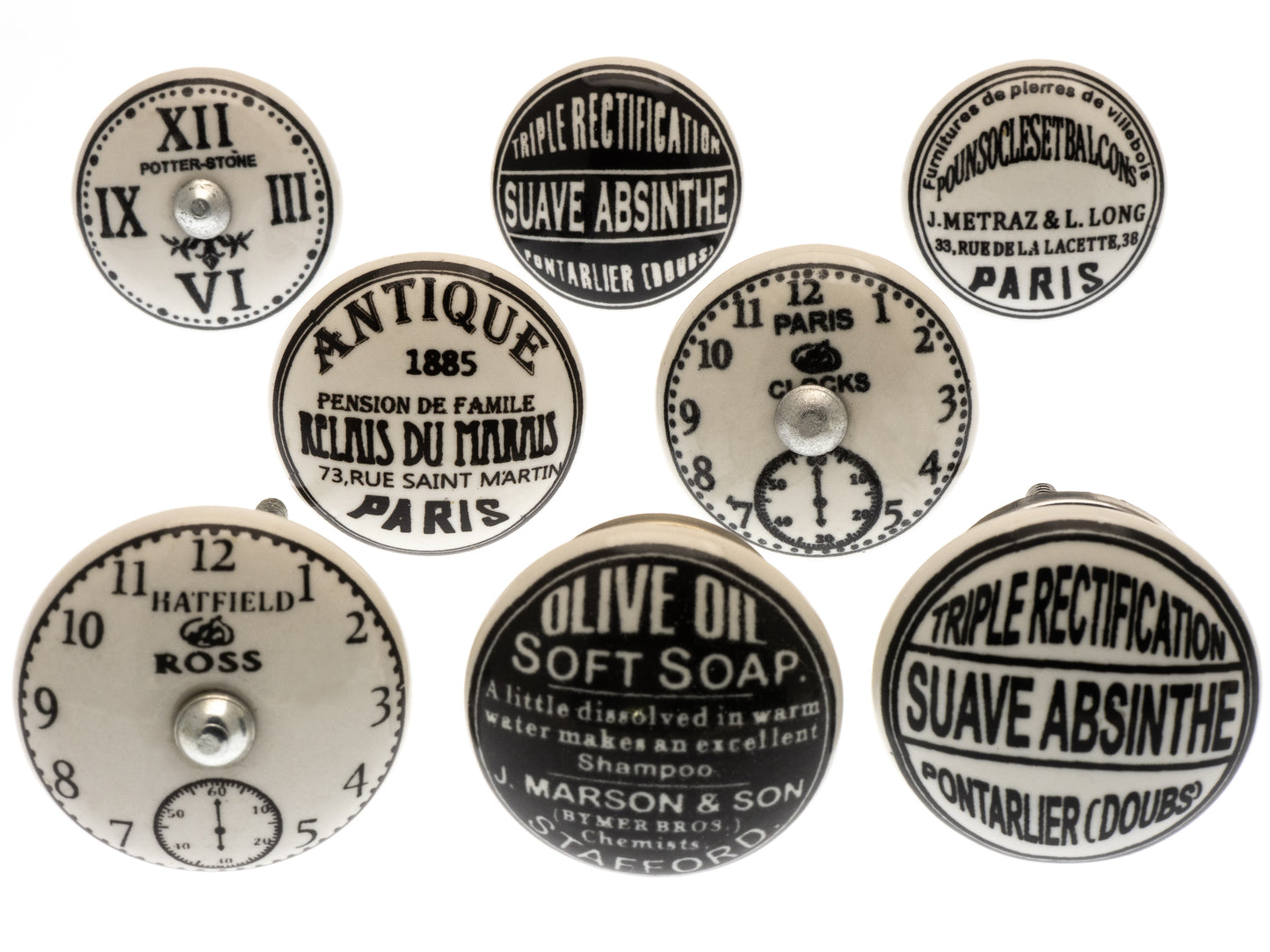 Boutons de porte en céramique sur le thème des vieux signes vintage et de Paris (Ensemble de 8)