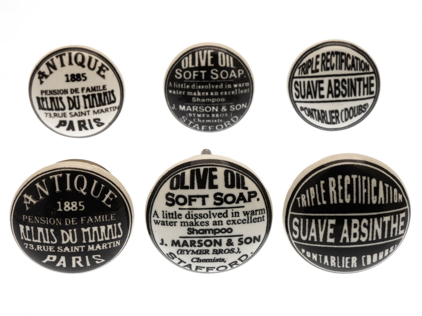 Black and White Door Knobs 6 Vintage Style Signs for Cupboard, Chest of Drawer, Wardrobe Knobs