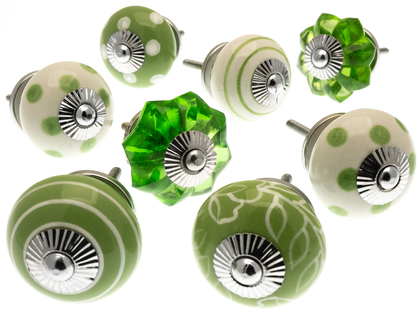 Ceramic and Glass Cupboard Knobs in Bright Green Designs - Set of 8