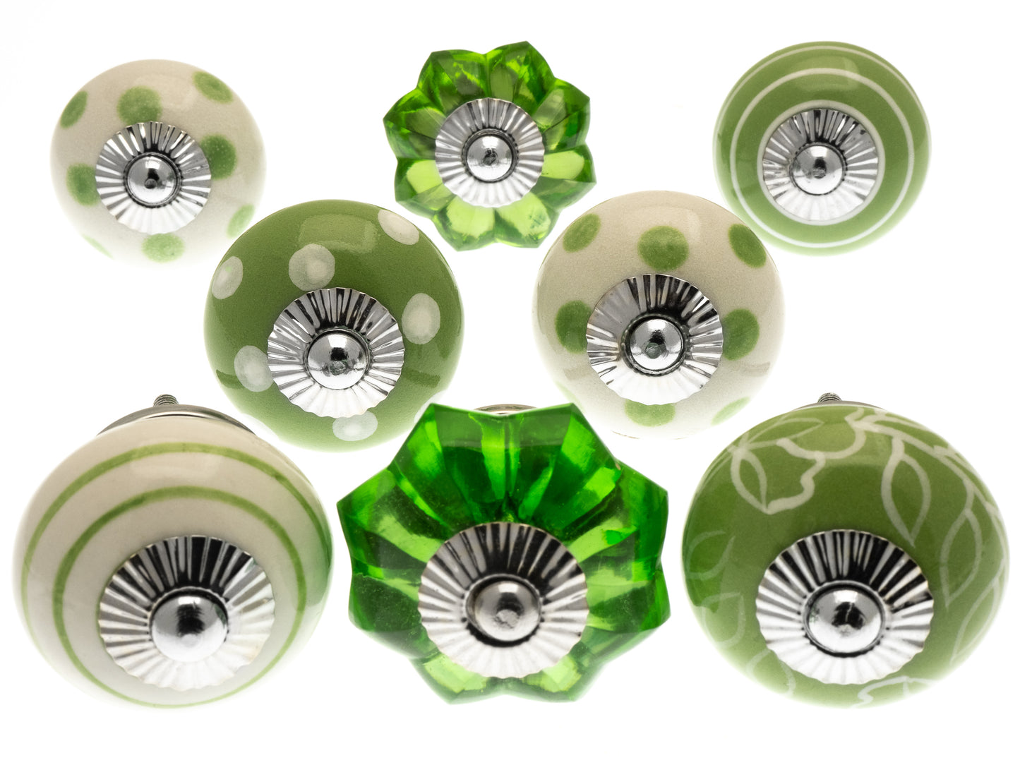 Ceramic and Glass Cupboard Knobs in Bright Green Designs - Set of 8
