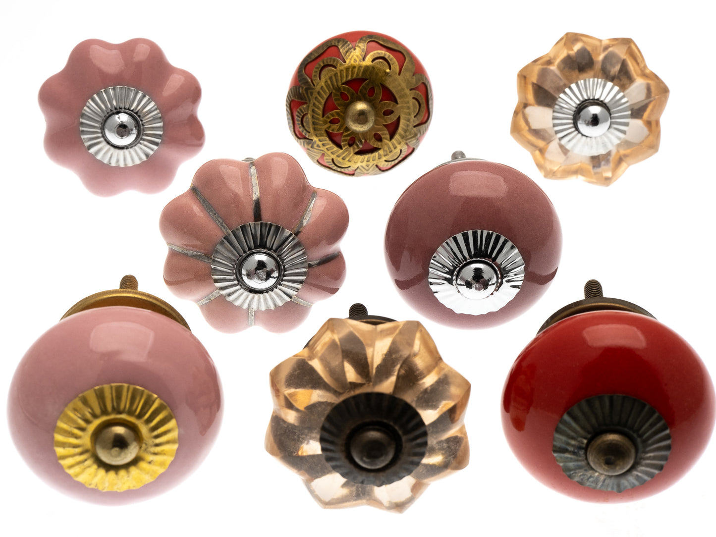 Boutons de porte en céramique - 8 boutons en verre et céramique rouges et roses