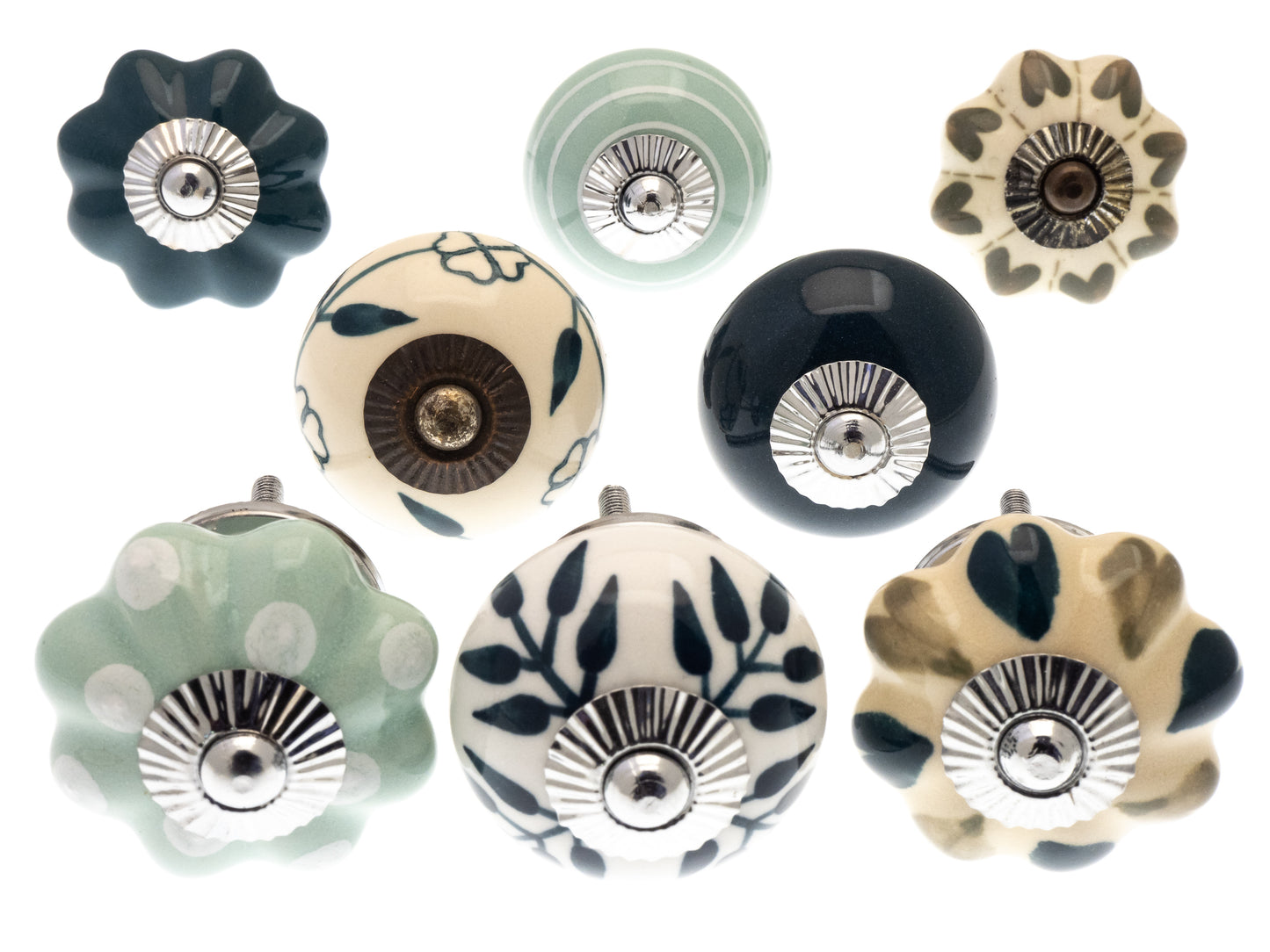 Ceramic Door Knobs Greens Hearts and Teal Set of 8