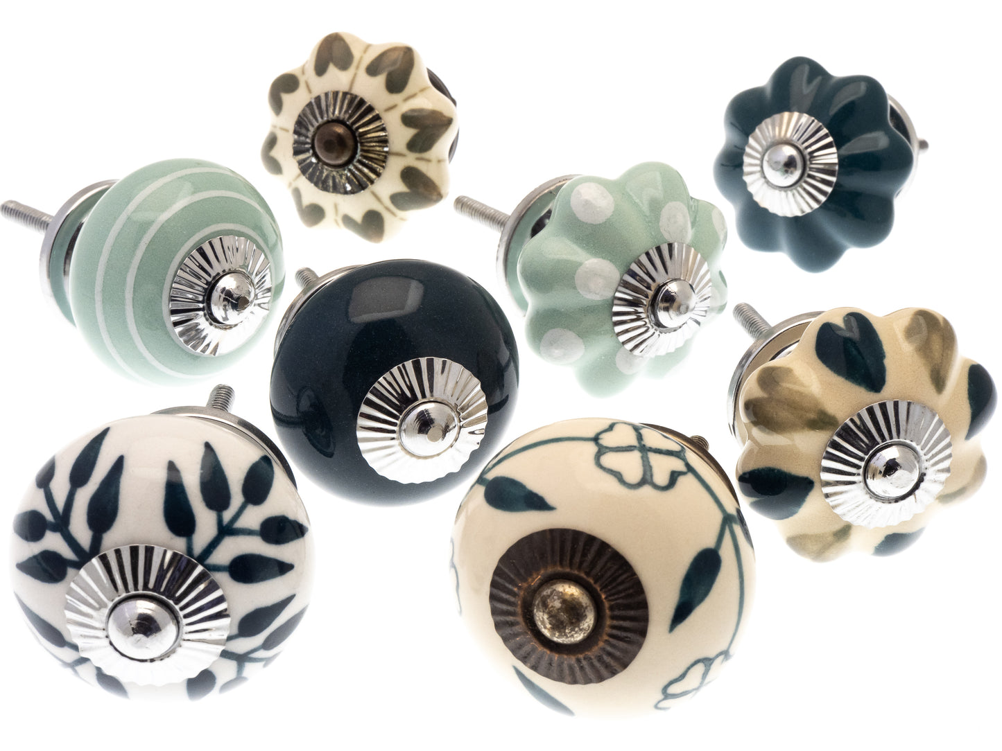 Ceramic Door Knobs Greens Hearts and Teal Set of 8