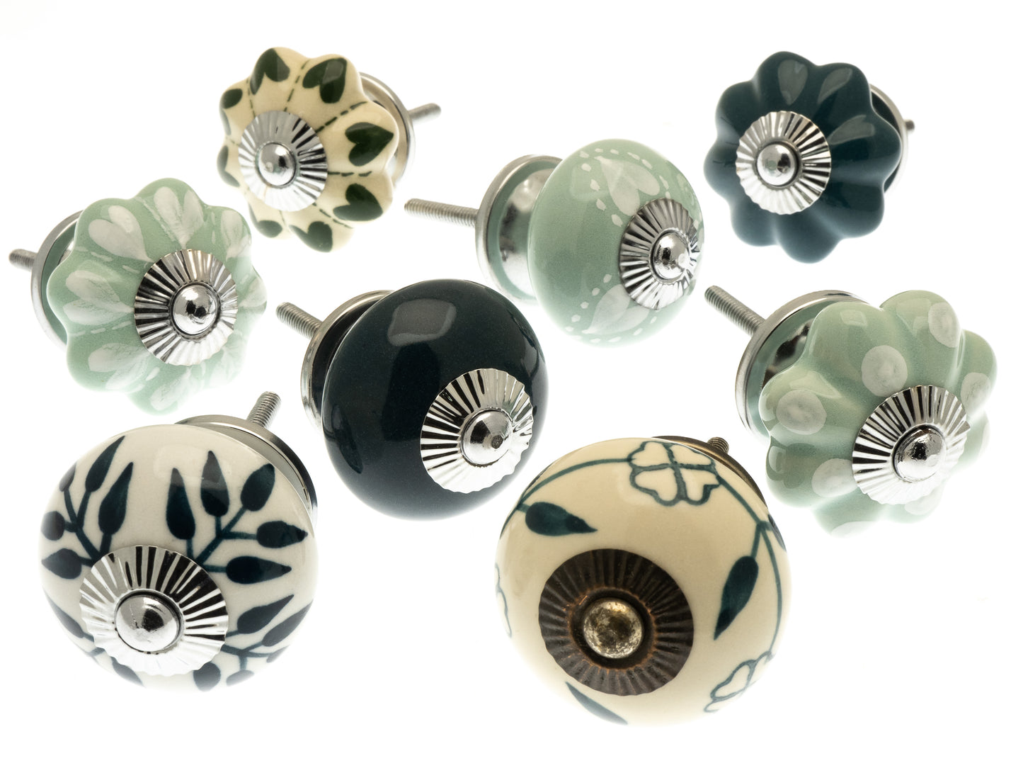 Ceramic Door Knobs Greens Hearts and Teal Set of 8