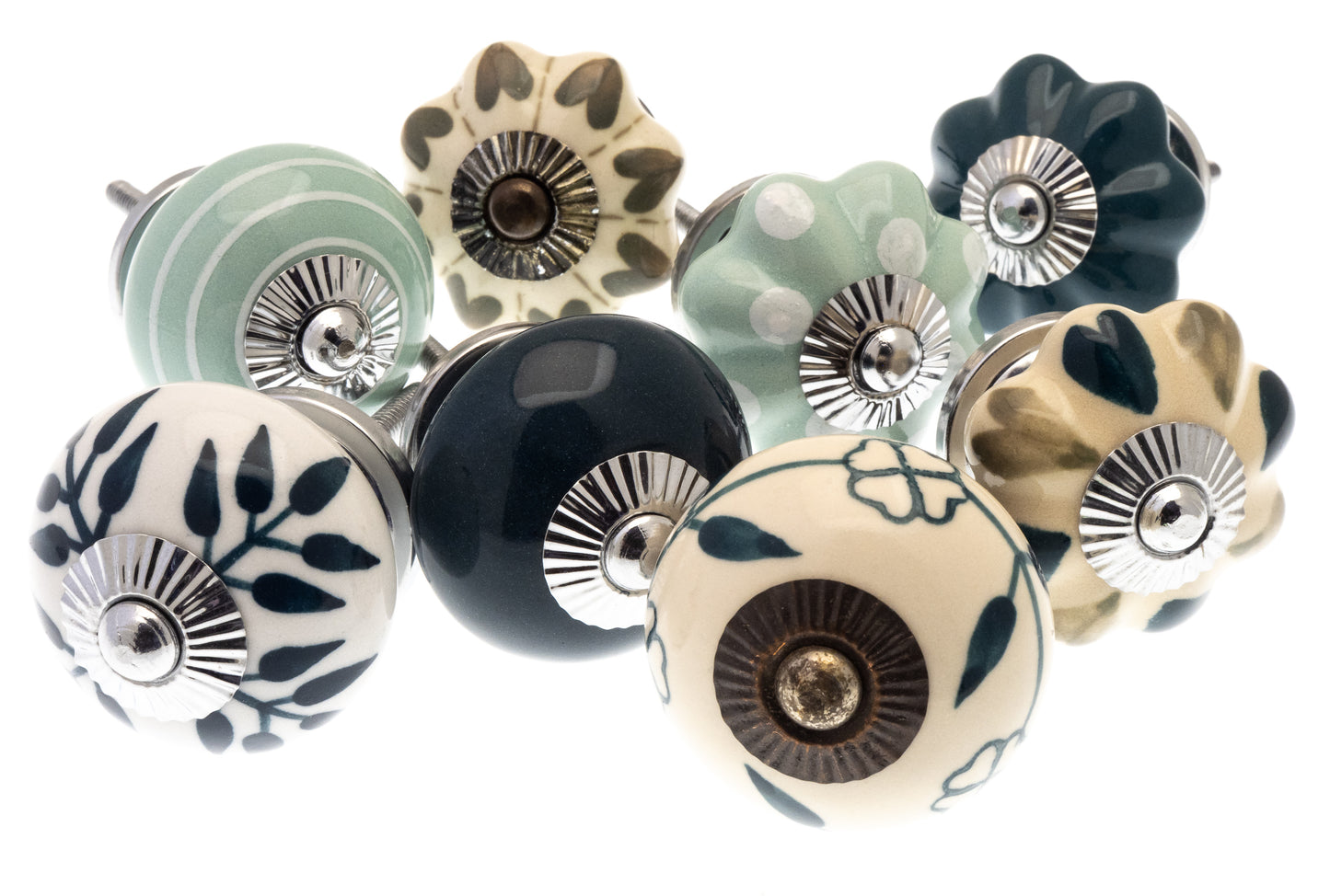 Ceramic Door Knobs Greens Hearts and Teal Set of 8